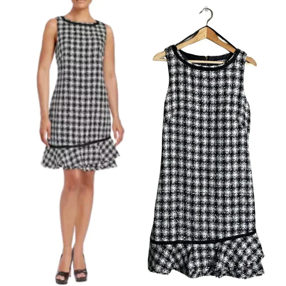 Karl Lagerfeld Black & White Houndstooth Ruffle Hem Mini Dress